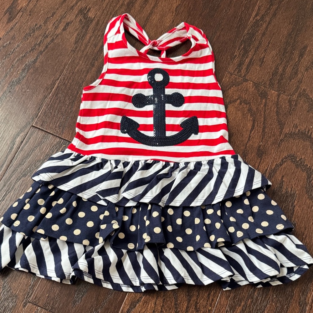 Girls' Red & Navy Anchor Stripe Casual Dress
